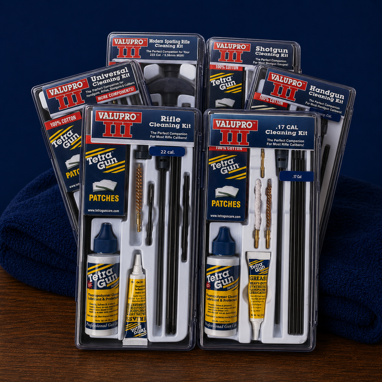 Tetra Gun Cleaning Kits on a table blue background