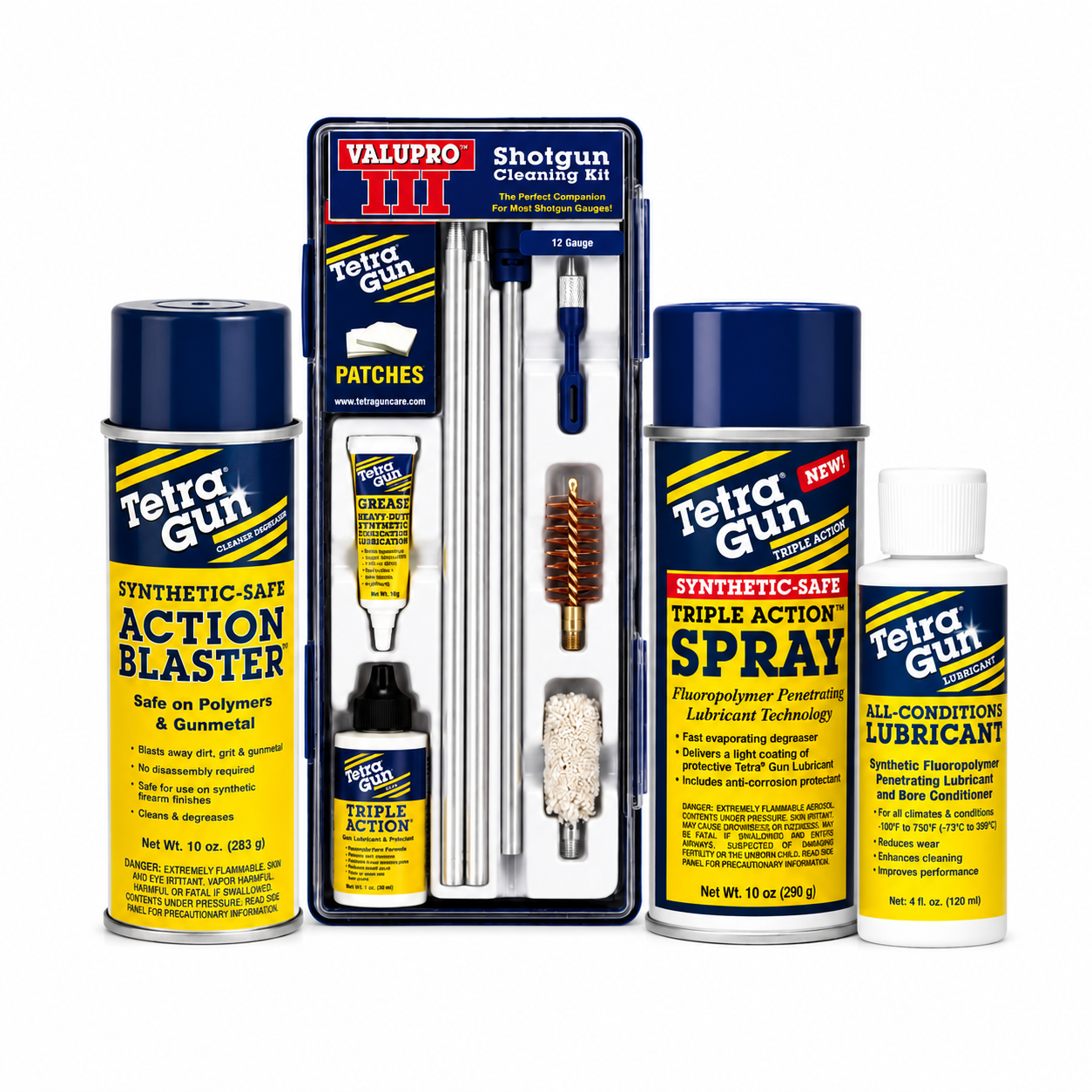 12 gauge valupro cleaning kit and tetra gun care cleaning products on a white background