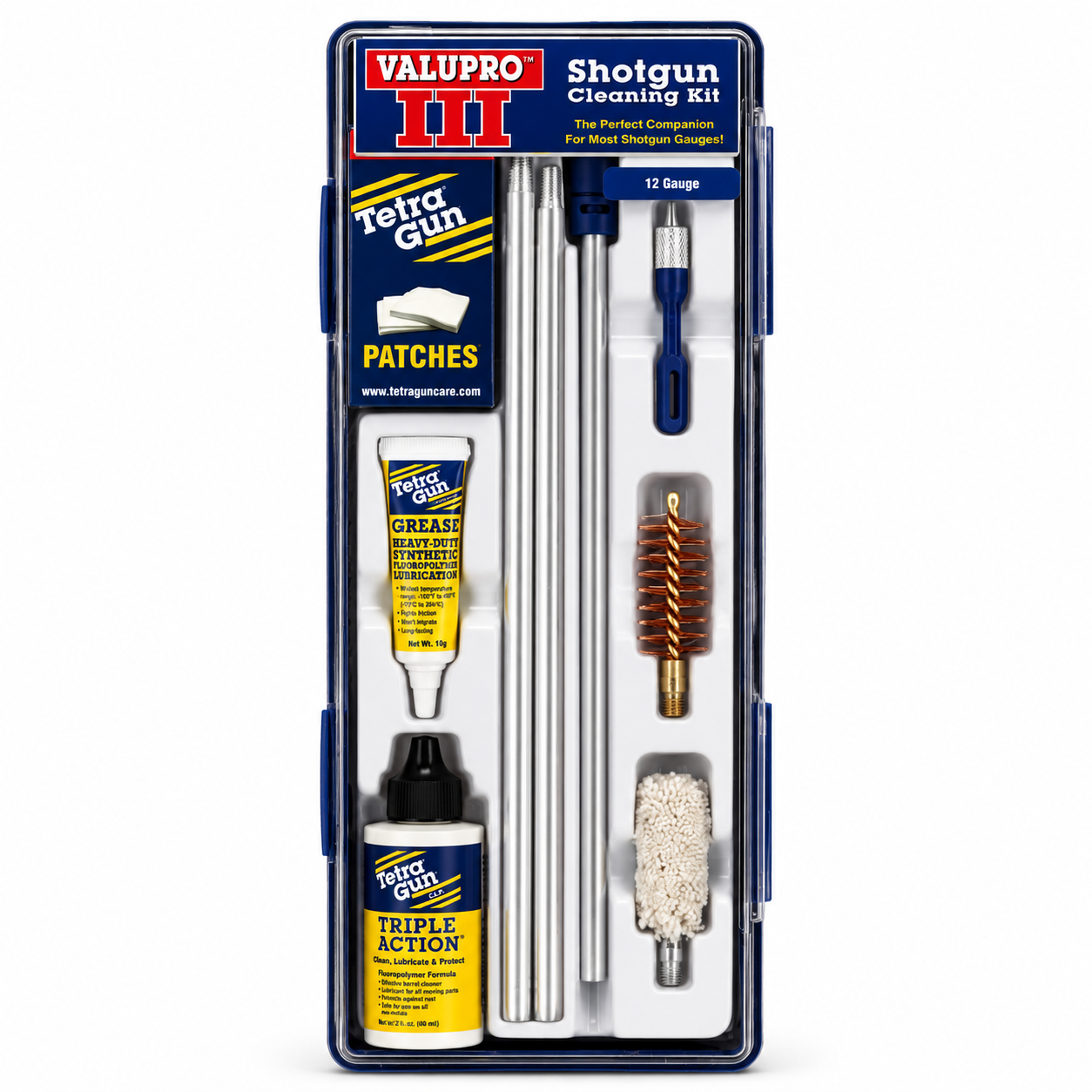 12 gauge Valupro III shotgun cleaning kit with various cleaning tools and patches on a white background