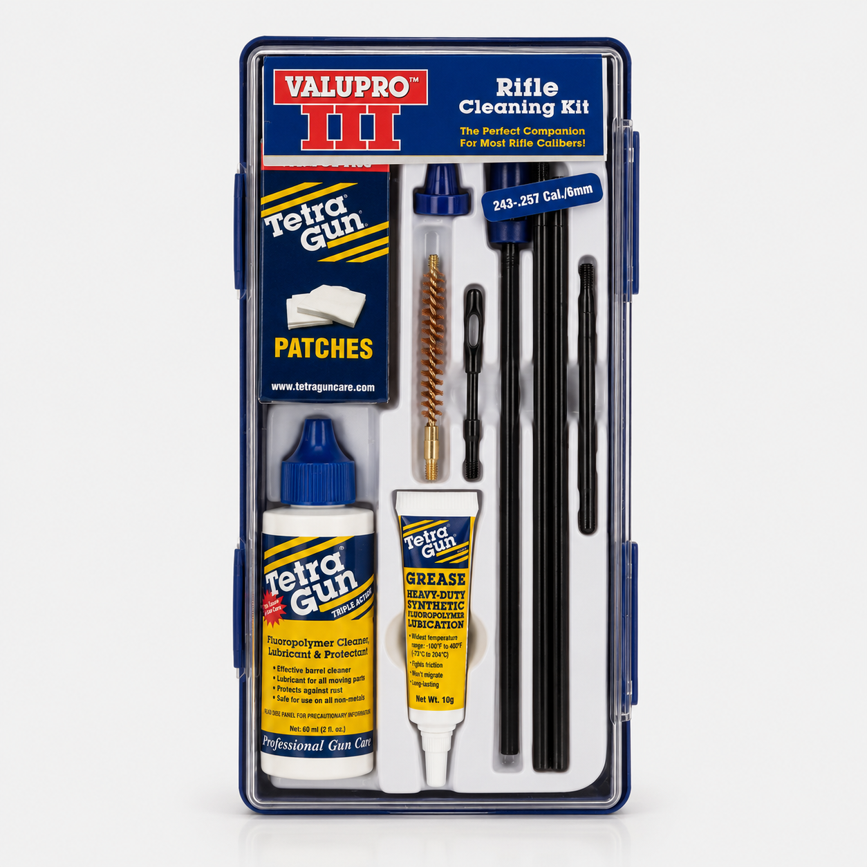 .243 Cal Valupro rifle cleaning kit with various tools and products on a white background