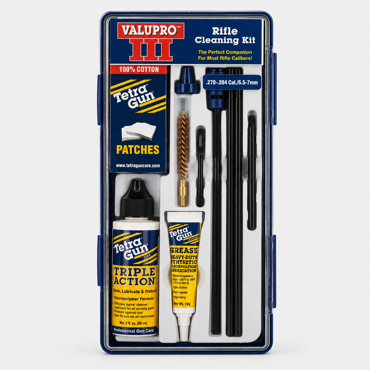 .270 Cal Valupro rifle cleaning kit with various components on a white background
