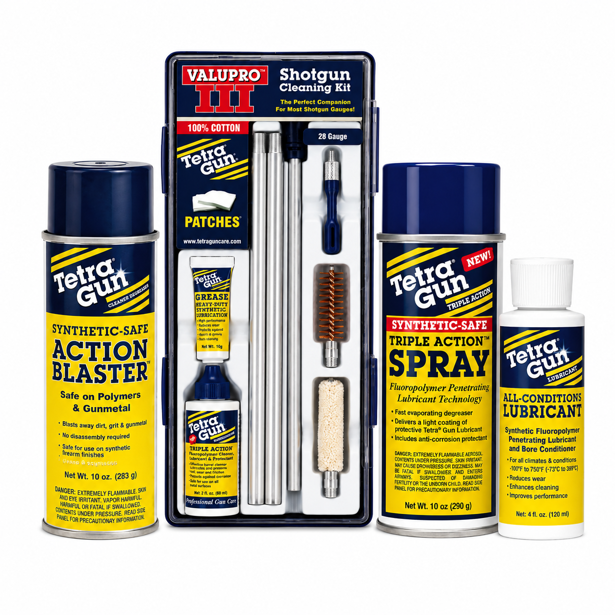 28 gauge valupro cleaning kit and tetra gun care cleaning products on a white background