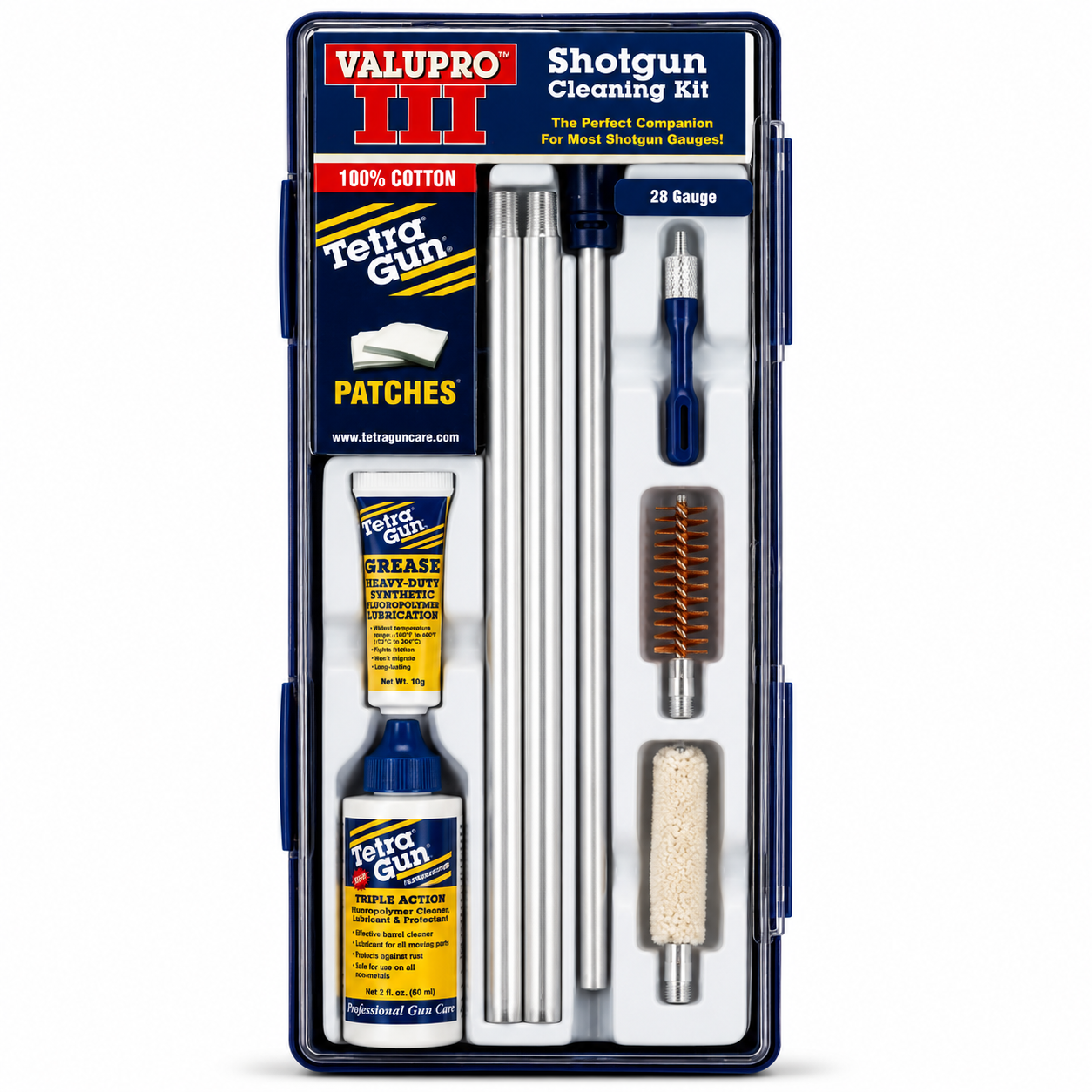 28 Gauge Valupro shotgun cleaning kit with various cleaning tools and patches on a white background