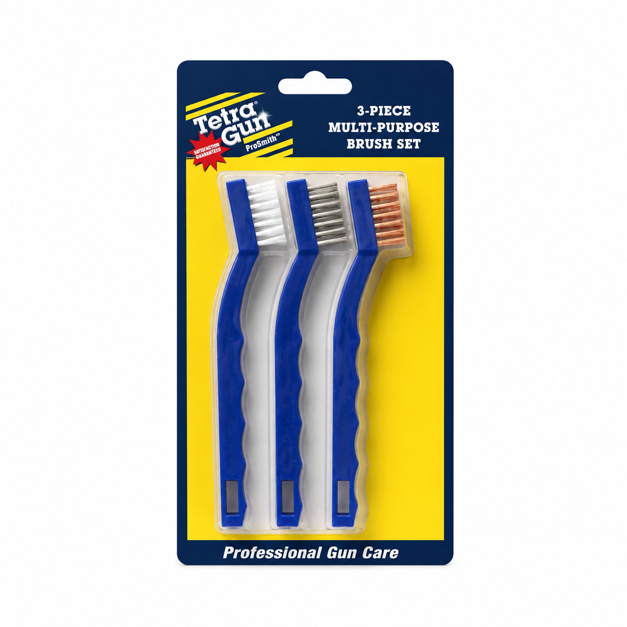 3-piece multi-purpose brush set packaging with blue handles on a yellow background