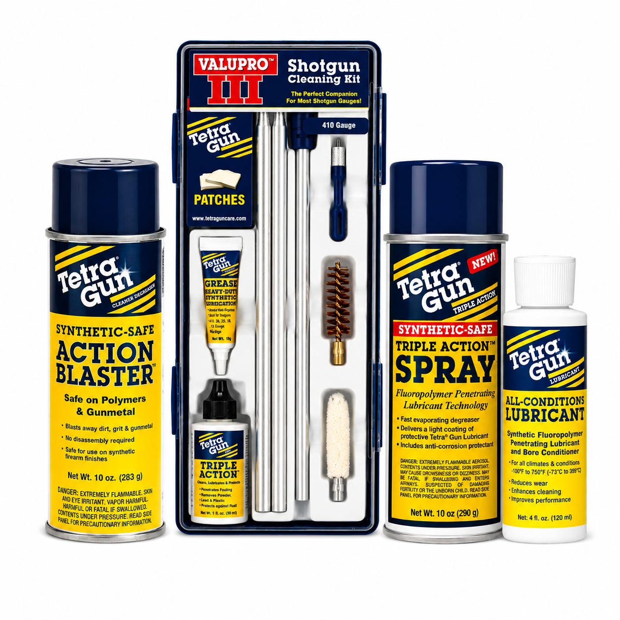 410 gauge valupro cleaning kit and tetra gun care cleaning products on a white background
