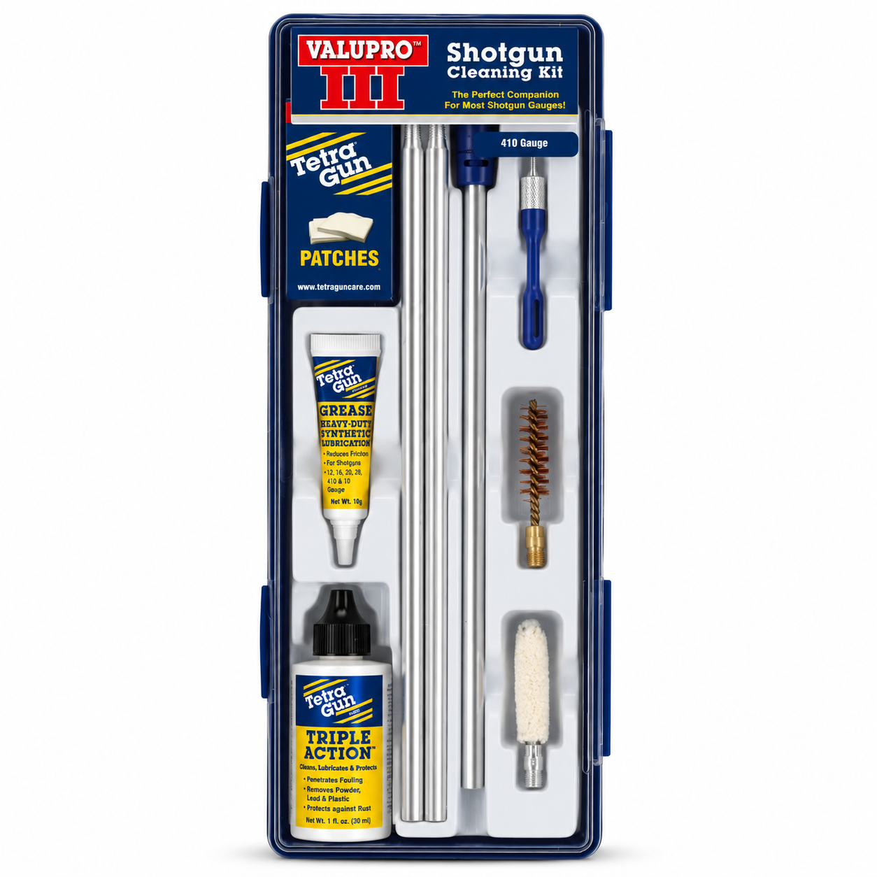 410 gauge Valupro shotgun cleaning kit with various components in a blue case on a white background