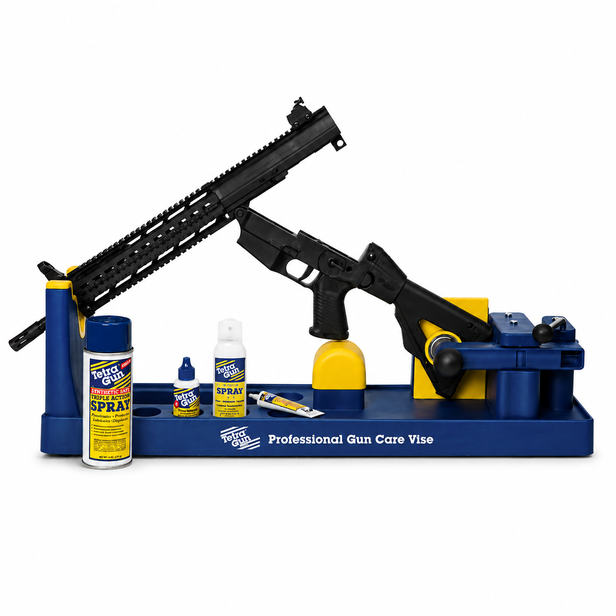 Gun cleaning maintenance station with a rifle on a blue stand against a white background