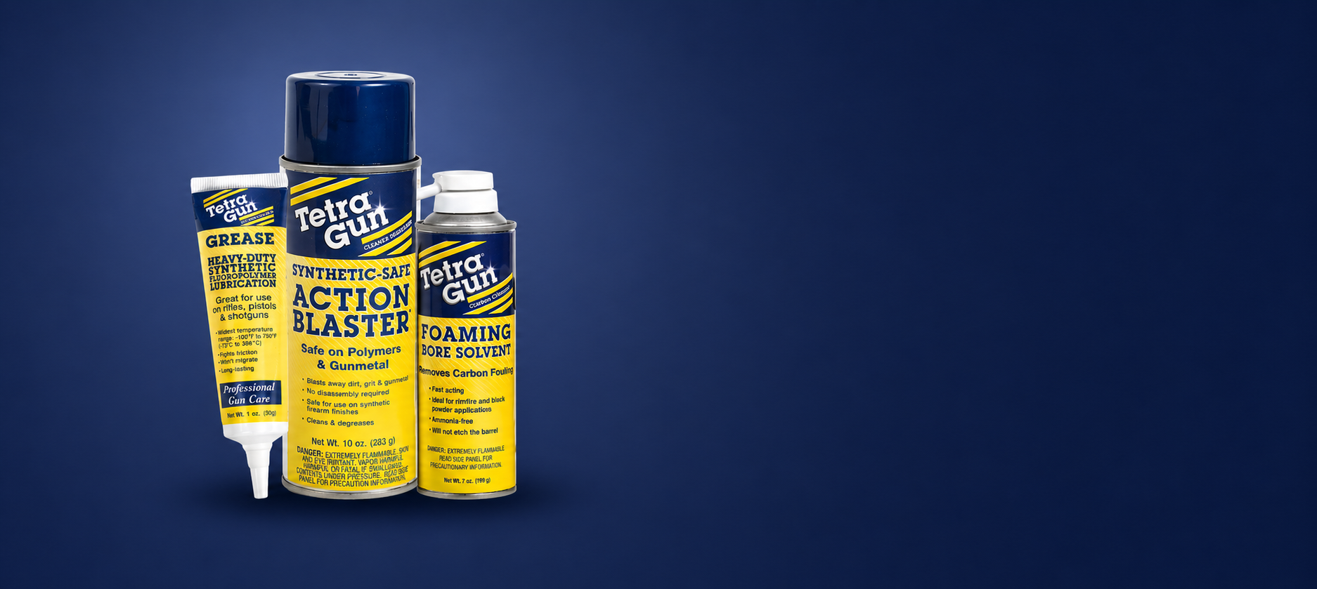Three bottles of Tetra Gun products on a blue background