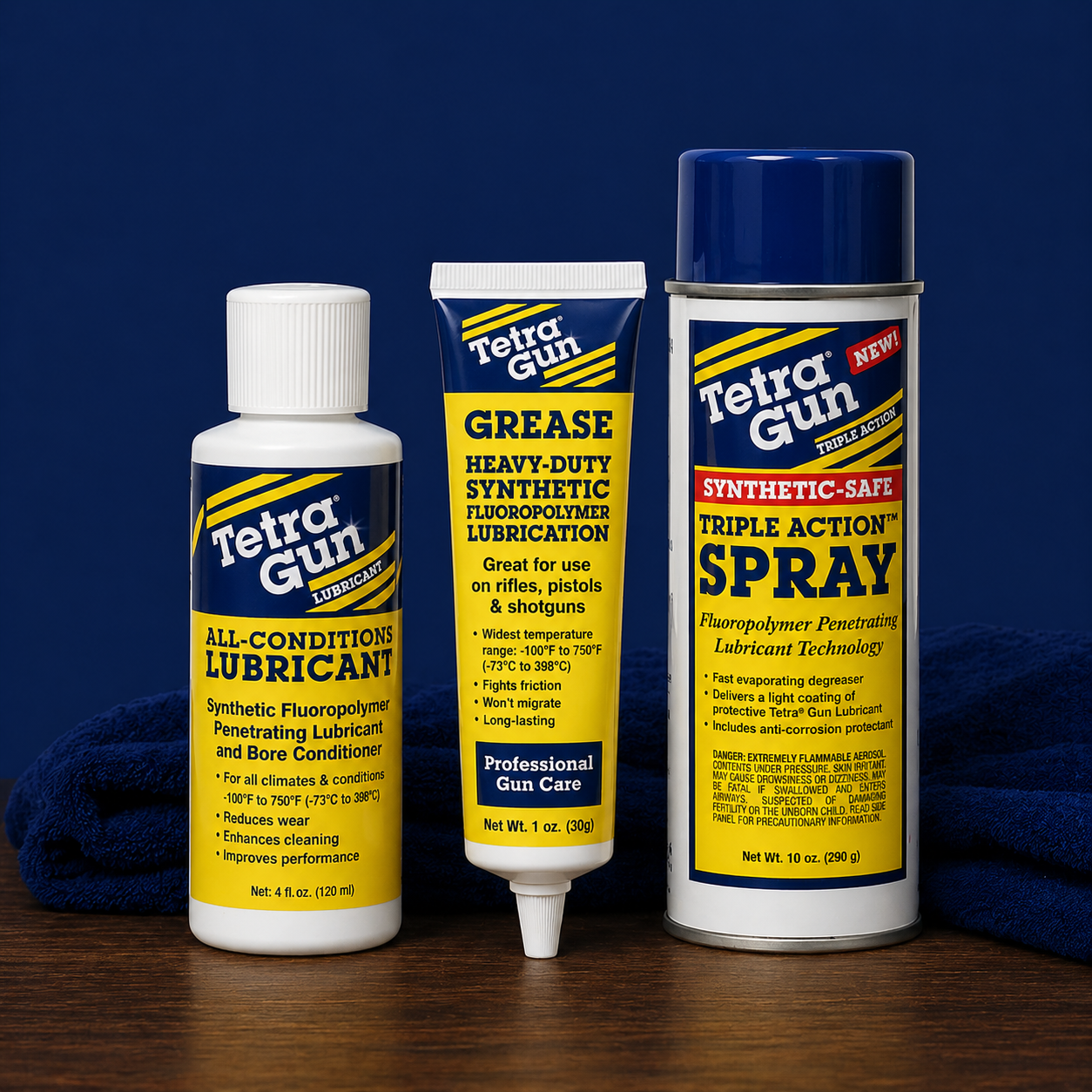 Tetra gun care lubricants on a table on a blue background