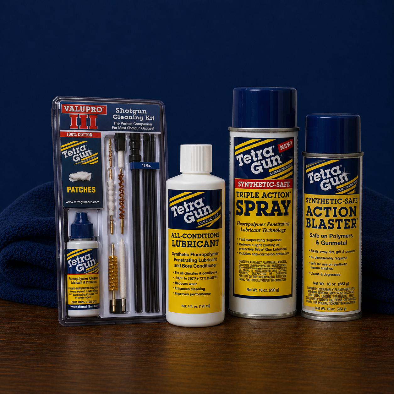 Tetra Gun Cleaning Kits & Bundles Blue background on a table