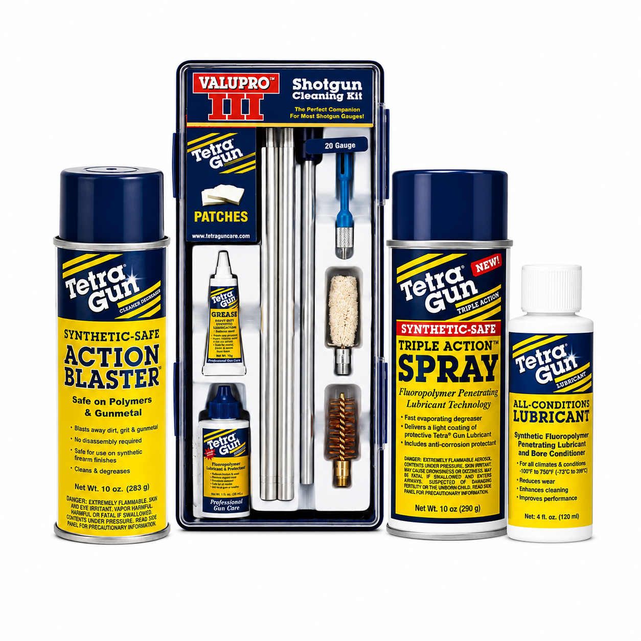 20 gauge valupro cleaning kit and tetra gun care cleaning products on a white background