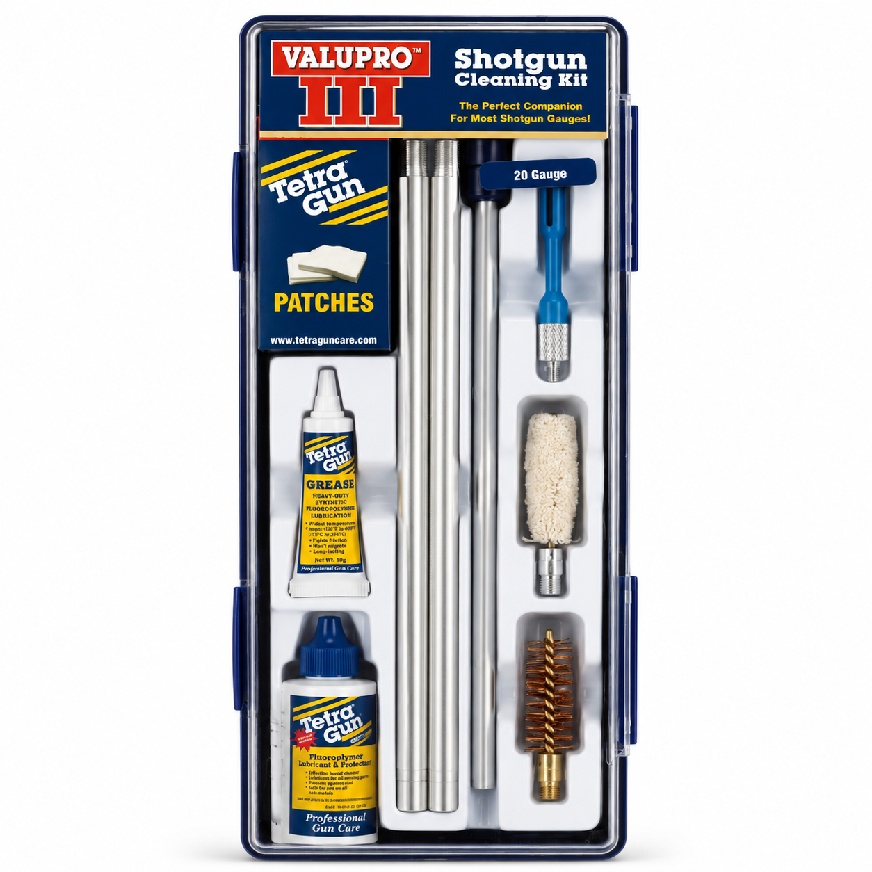20 Gauge Valupro III shotgun cleaning kit with various cleaning tools and products on a white background