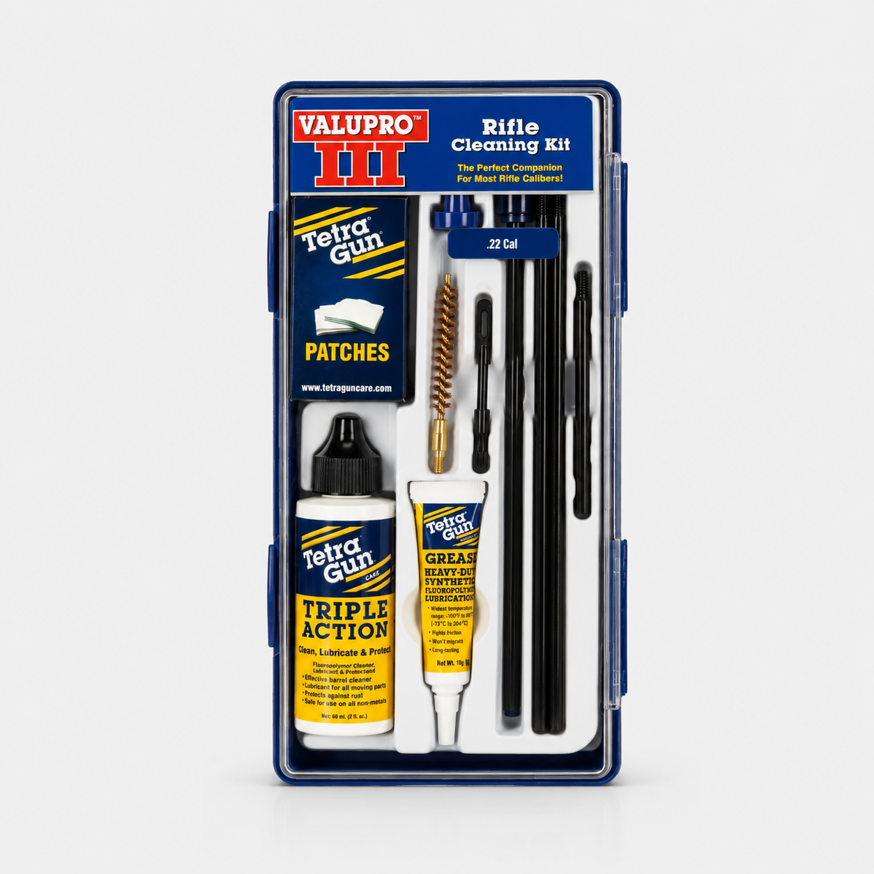 .22 Cal Valupro rifle cleaning kit with various components on a white background