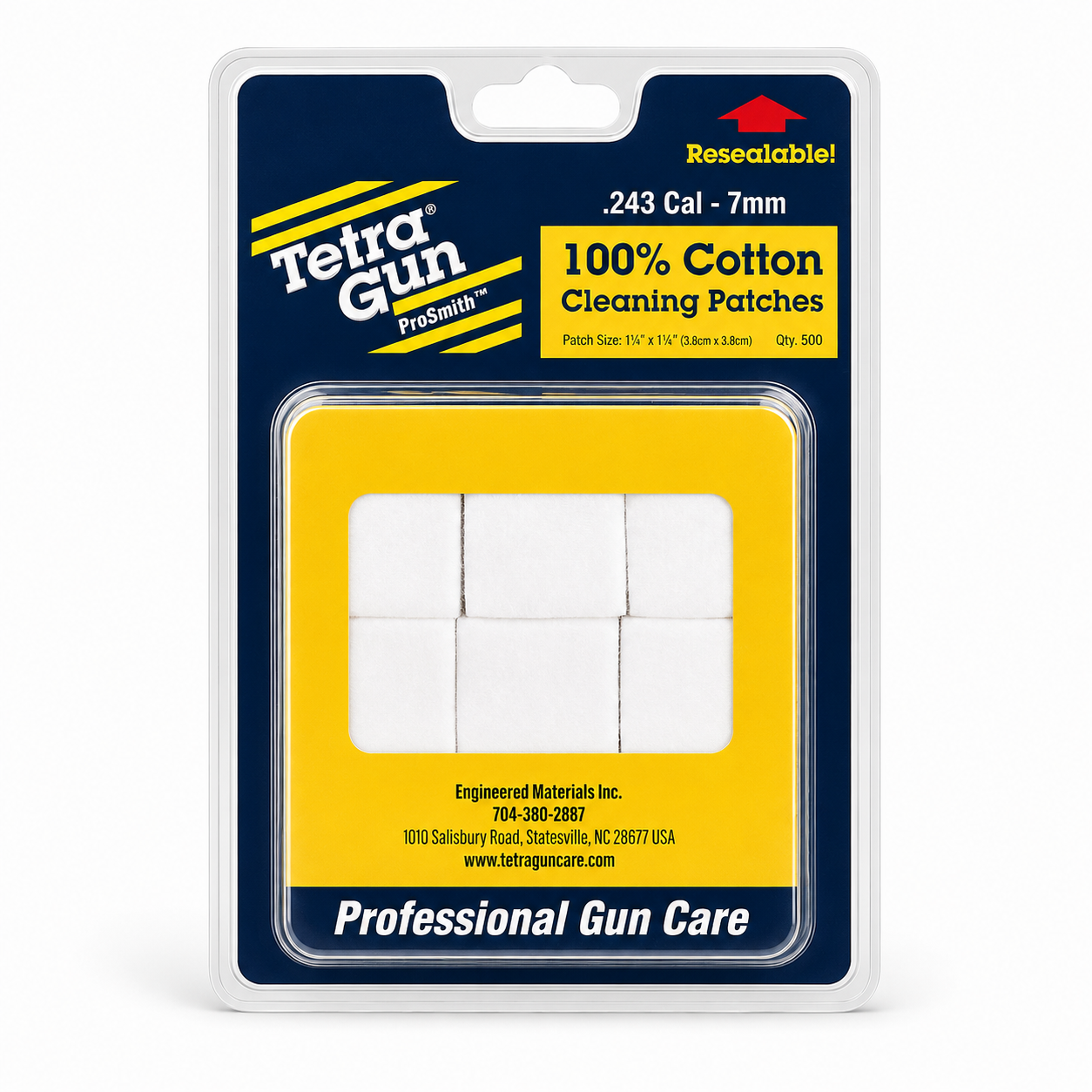 Packaging of Tetro Gun ProSmith 100% cotton cleaning patches with visible branding and product details.