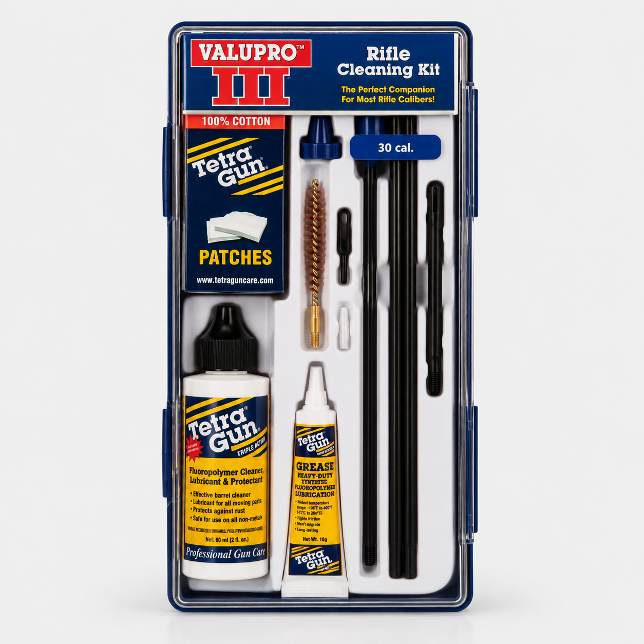 .30 Cal Valupro rifle cleaning kit with various tools and products on a white background