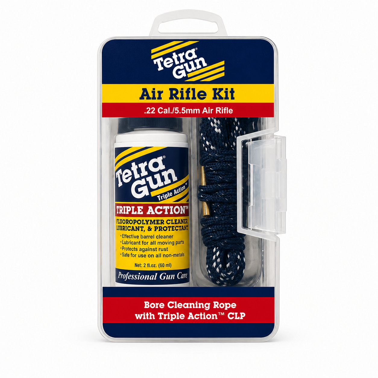 Tetra Gun air rifle cleaning kit packaging with cleaning solution, rope, and brush.
