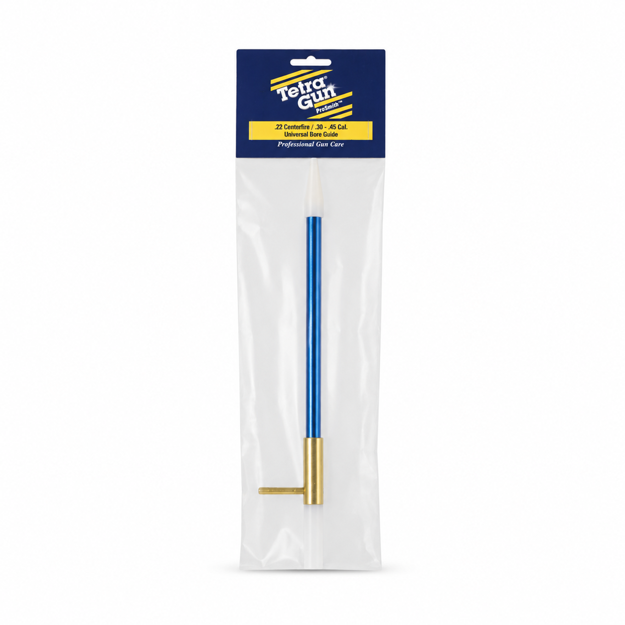 Tetra Gun bore guide in clear packaging with blue and gold handle on a white background