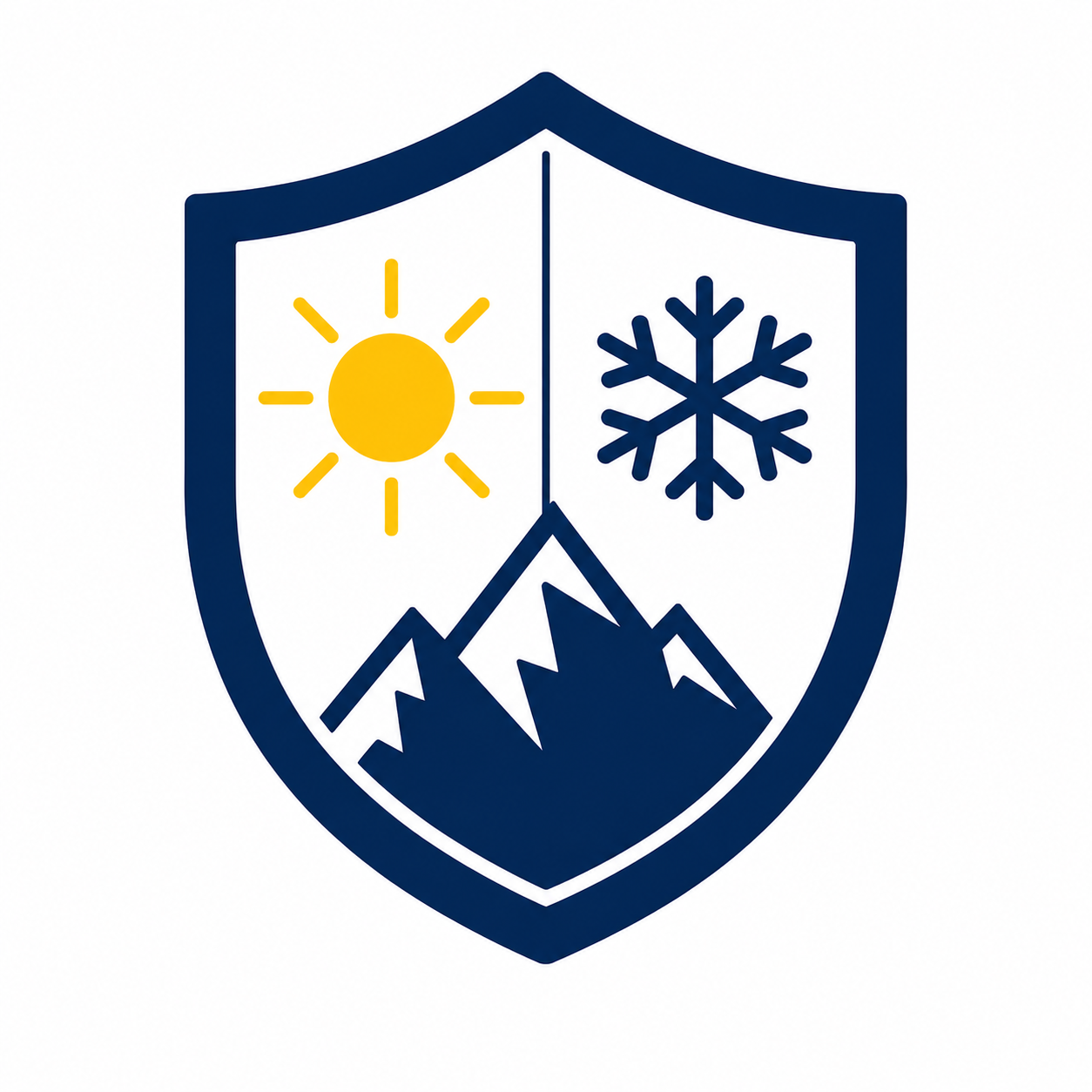 all conditions icon, sun, snow and mountains in a blue shield