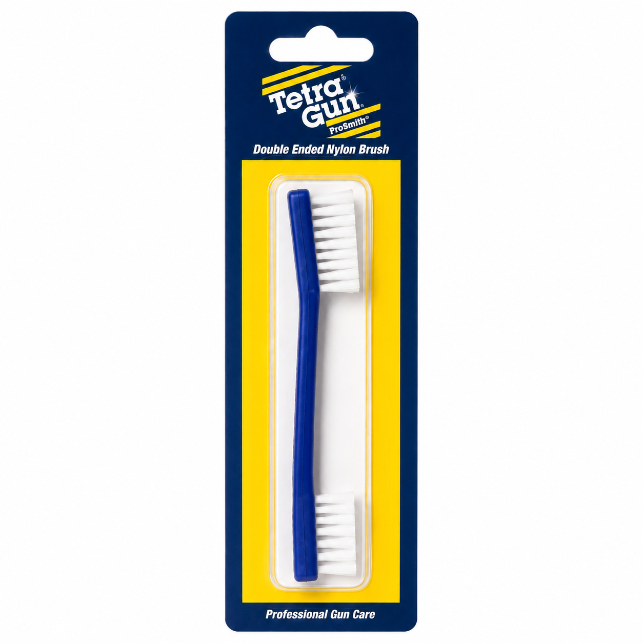 Double-ended nylon brush in packaging with Tetra Gun branding on a white background