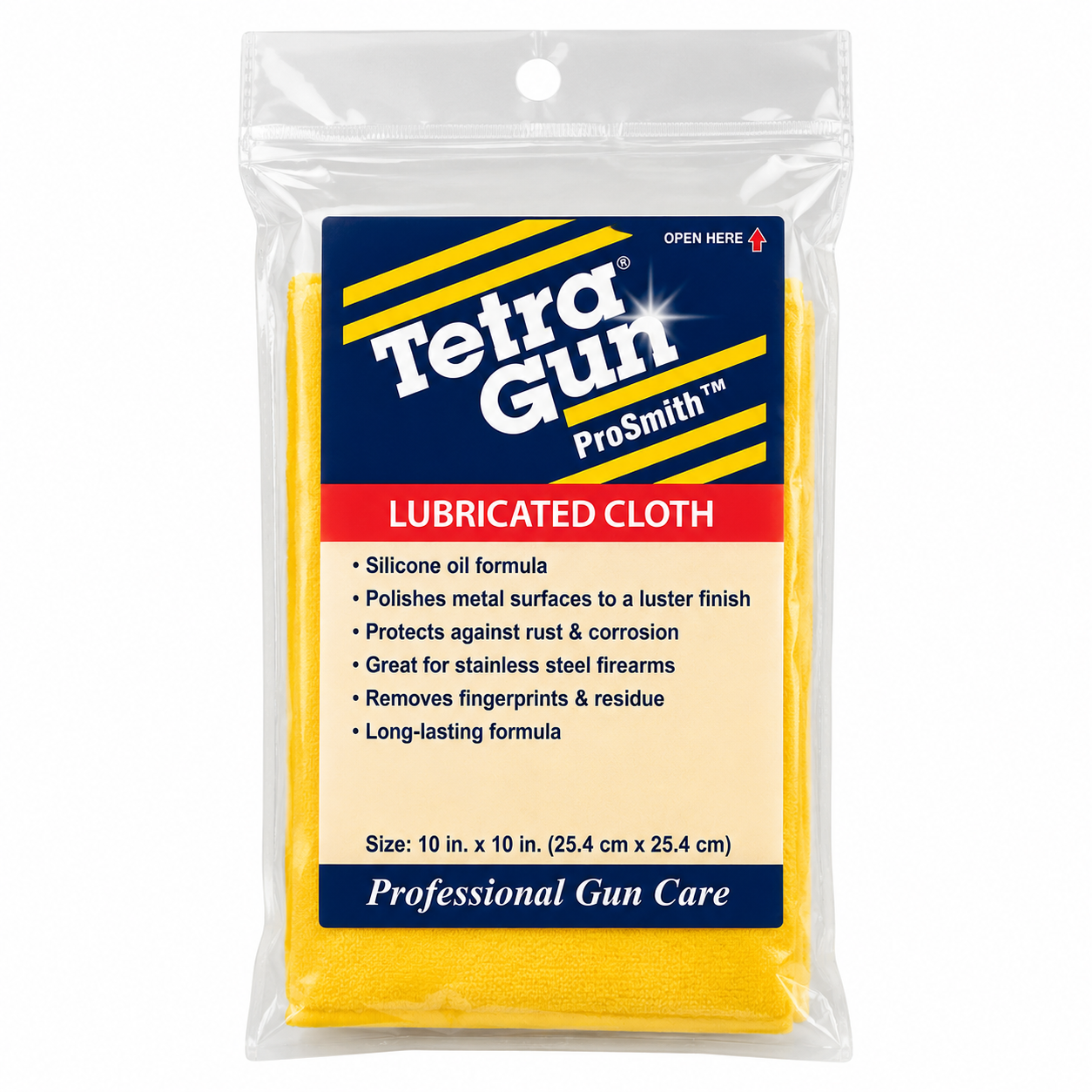 Packaged lubricated cloth with Tetra Gun ProSmith branding on a white background