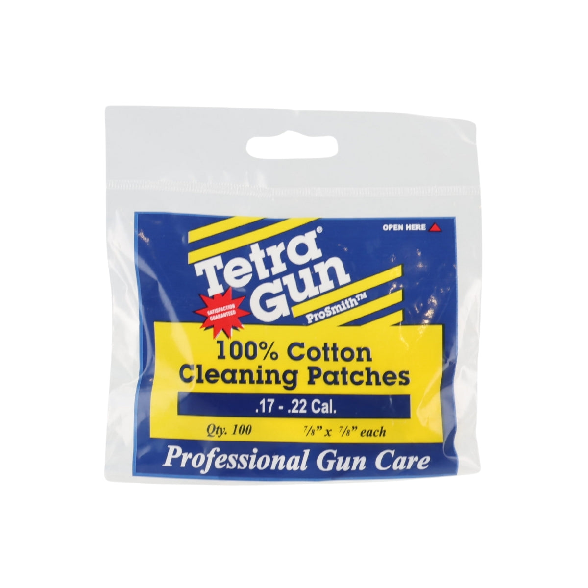 Package of 100 Tetra Gun Prosmith .17 to .22 calibre cleaning patches on a white background