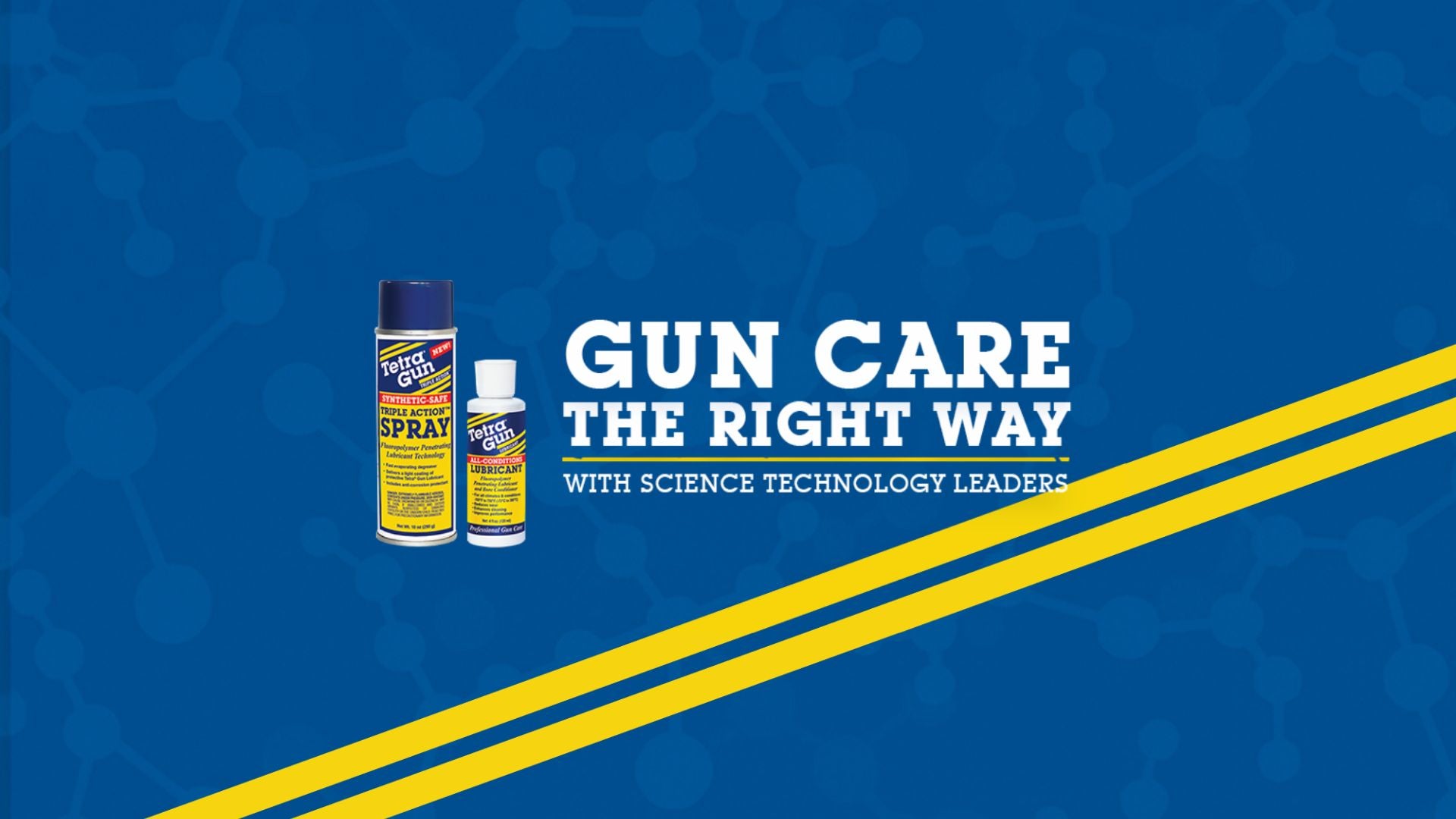 Tetra Gun Care The Right Way Web Banner, blue background, yellow stipes