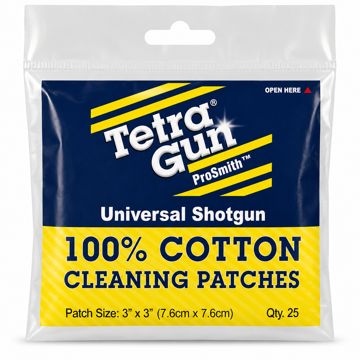 Pack of Tetra Gun ProSmith shotgun cleaning patches on a white background