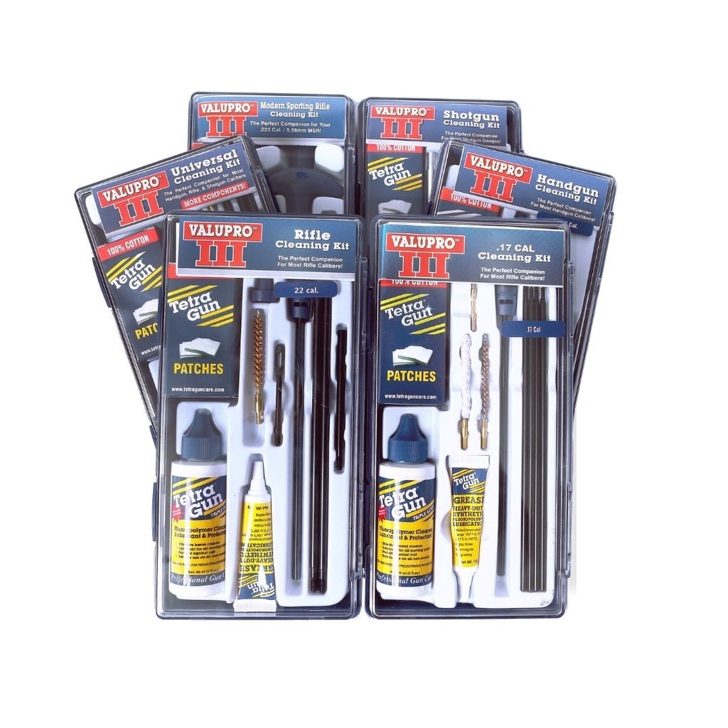 Collection of Valupro III gun cleaning kits on a white background