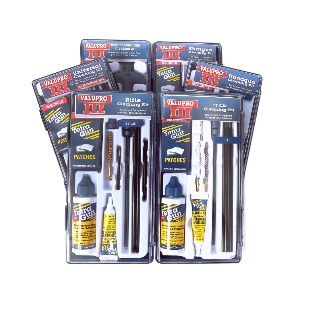 Collection of Valupro III gun cleaning kits on a white background