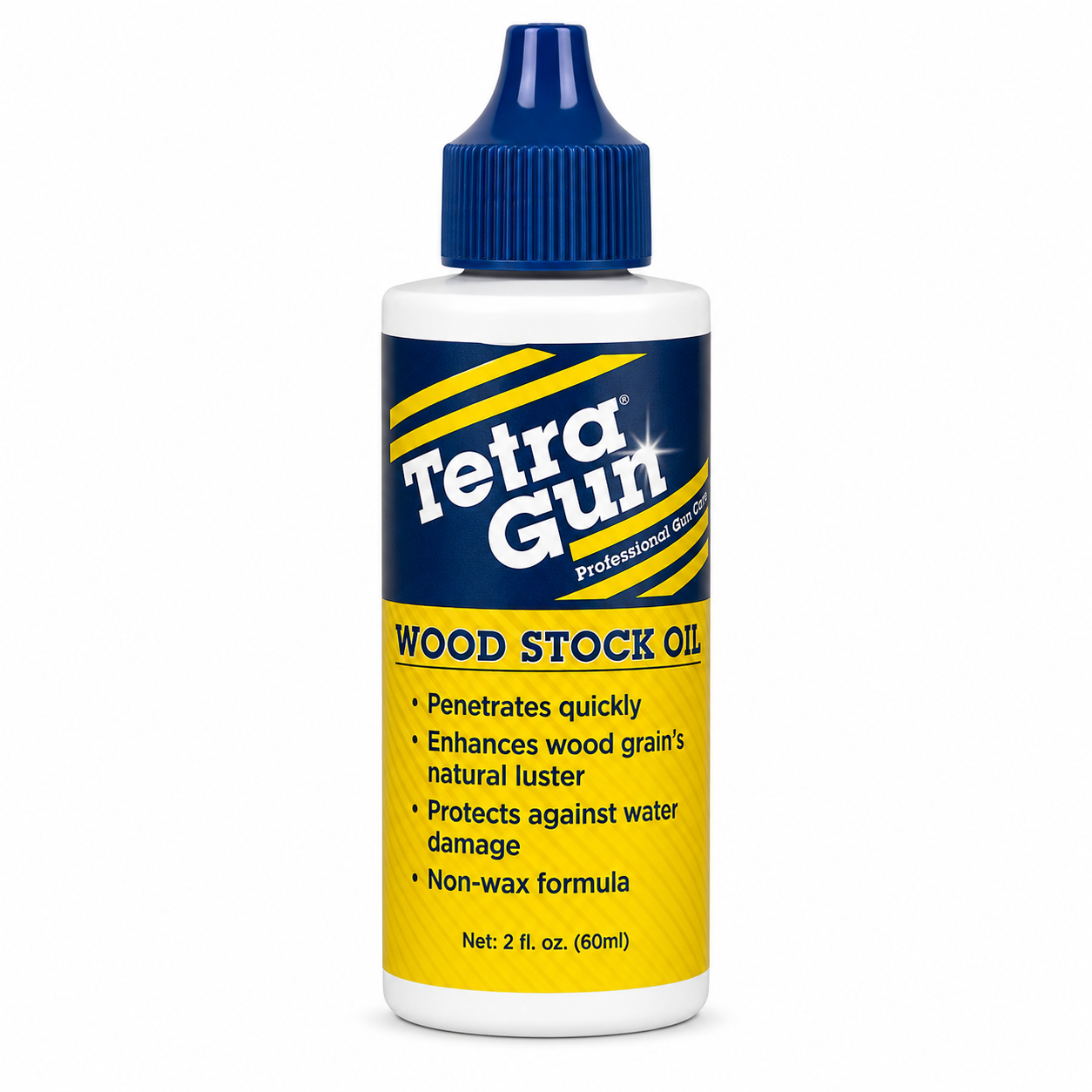 Bottle of Tetra Gun Wood Stock Oil on a white background